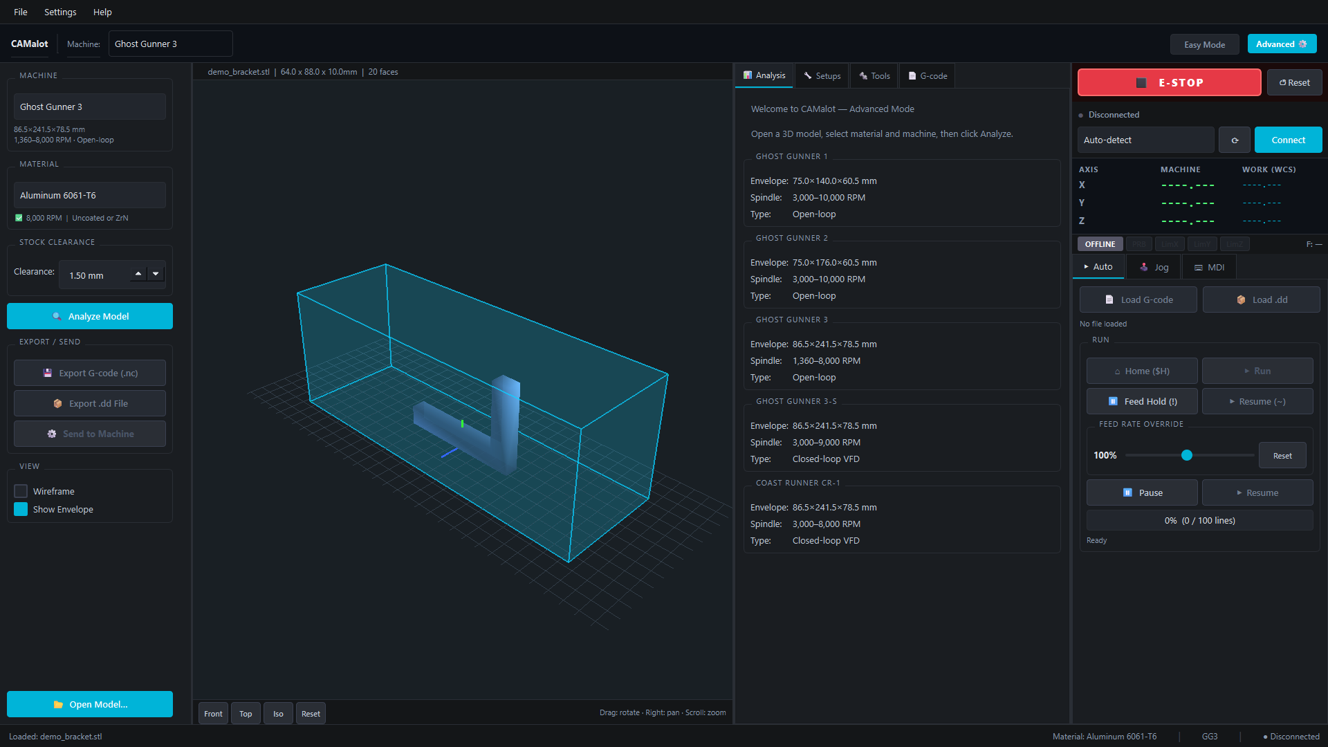CAMalot Advanced Mode showing the 3D viewport with a loaded model, work envelope, and machine profile.