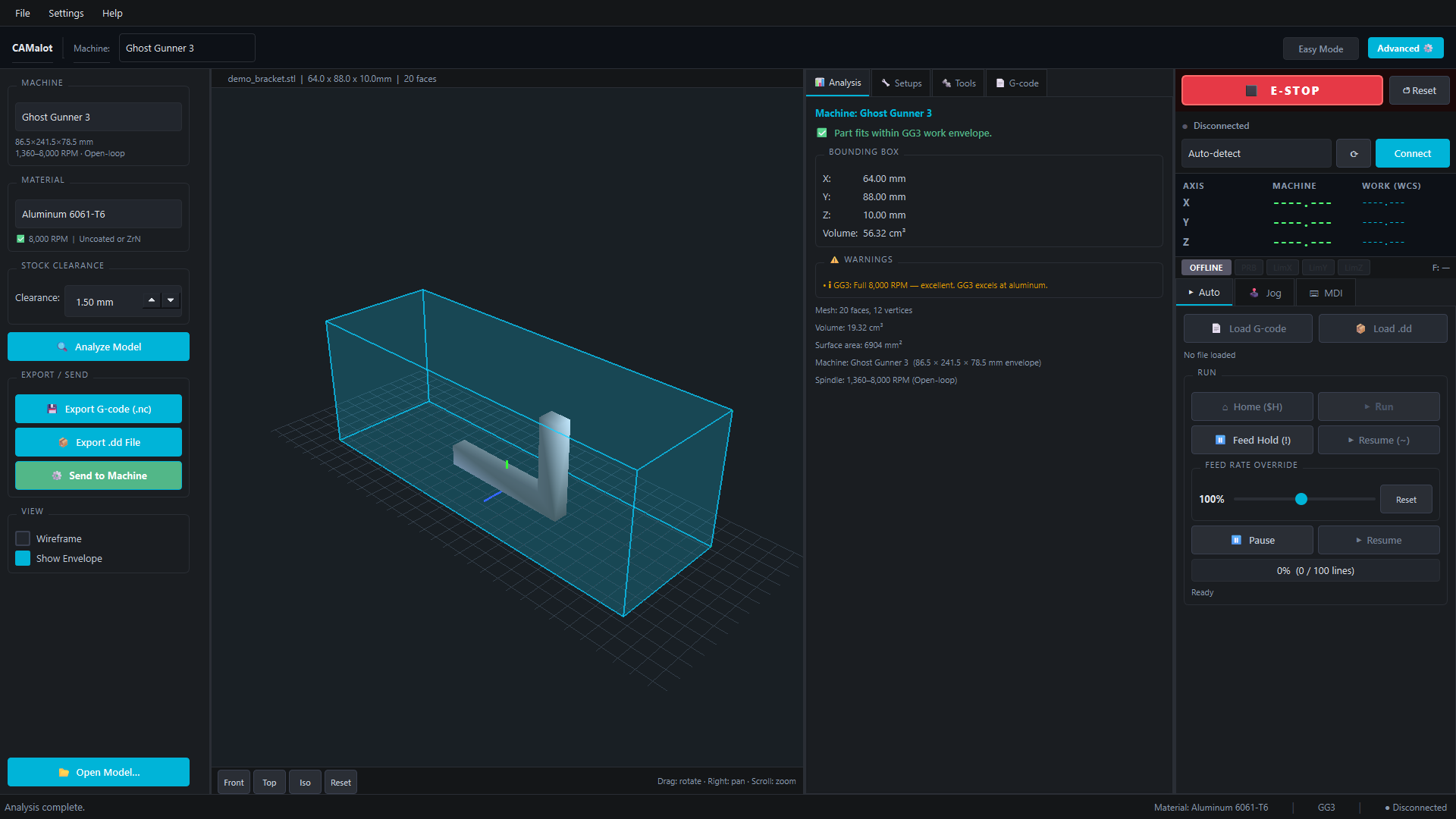 CAMalot analysis panel confirming a part fits within the Ghost Gunner 3 work envelope, with bounding box and volume detail.