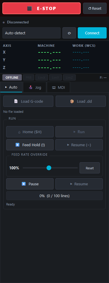 CAMalot controller panel with axis position readout, jog controls, feed override, and E-STOP.
